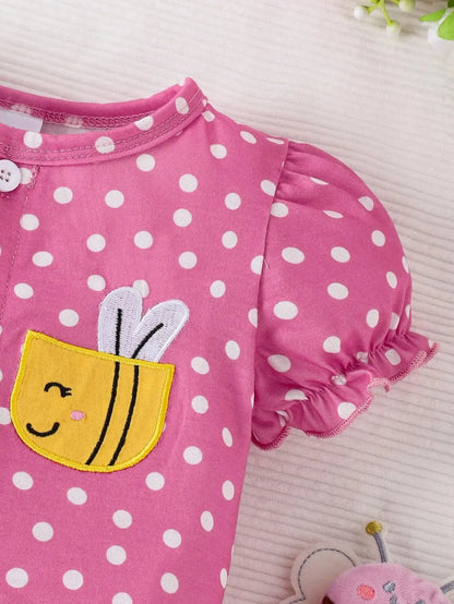 Combinaison d’été bébé fille à manches courtes – Motif pois & abeille – 3 à 24 mois
