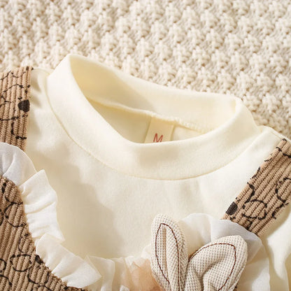 Robe Bébé Fille Élégante à Manches Longues – Dentelle & Broderie Lapin