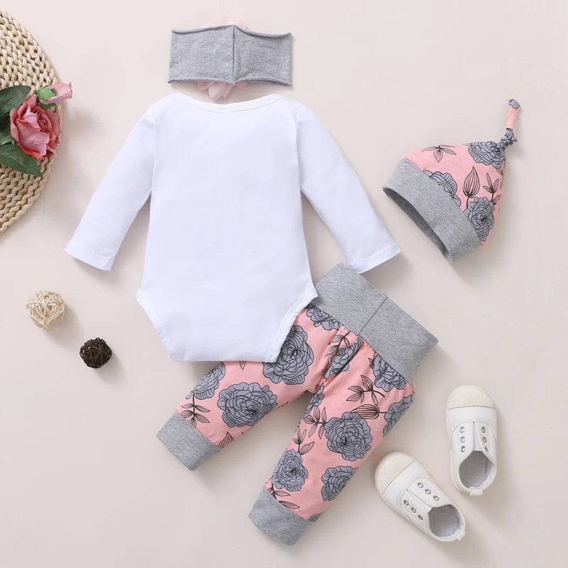 Ensemble Bébé Fille 4 Pièces – Haut à Manches Longues, Pantalon Rose & Bonnet