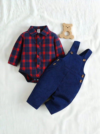 Ensemble Bébé Automne-Hiver en Velours Côtelé – Chemise à Manches Longues & Salopette