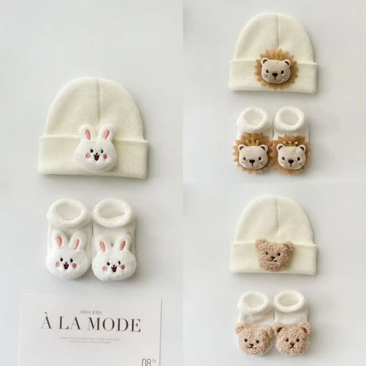 Ensemble bébé 2 pièces – Bonnet + chaussettes motif animal | 0 à 12 mois