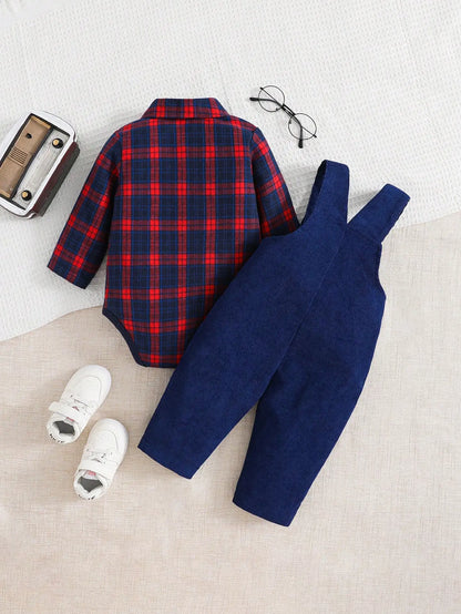 Ensemble Bébé Automne-Hiver en Velours Côtelé – Chemise à Manches Longues & Salopette