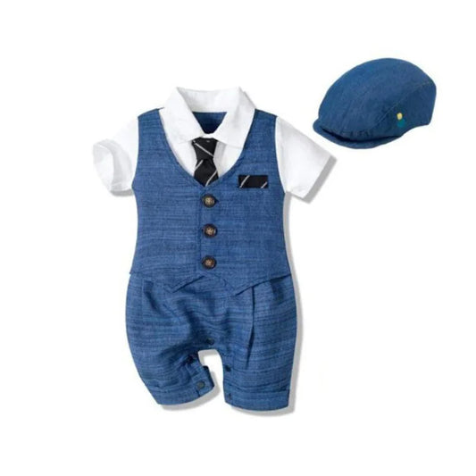 Ensemble Bébé Garçon “Petit Gentleman” – Barboteuse Habillée + Casquette | 0–12 Mois
