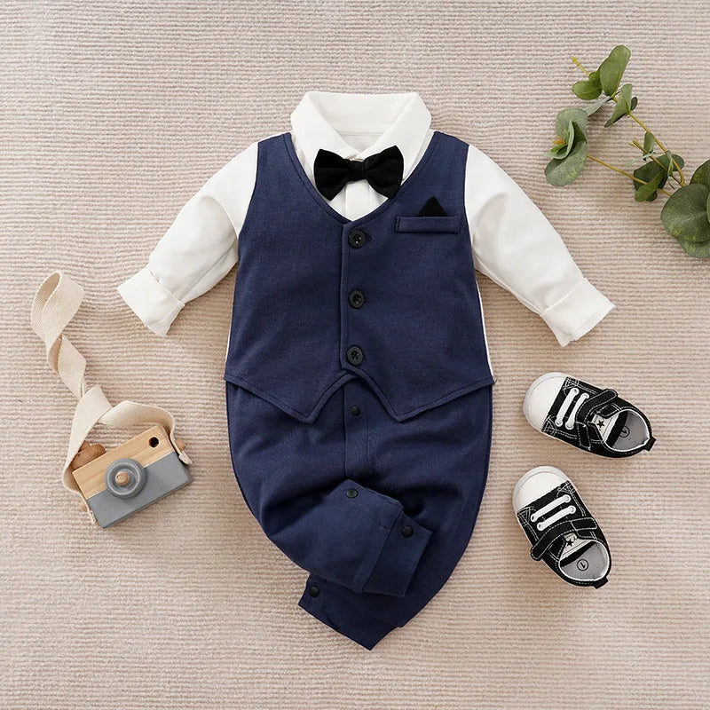 Ensemble Habillé Bébé Garçon – Barboteuse/Ensemble avec Gilet & Noeud Papillon (Bleu/Rouge)