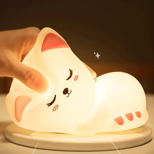 Veilleuse Bébé Chat Dormeur – Lampe Nuit Apaisante 7 Couleurs
