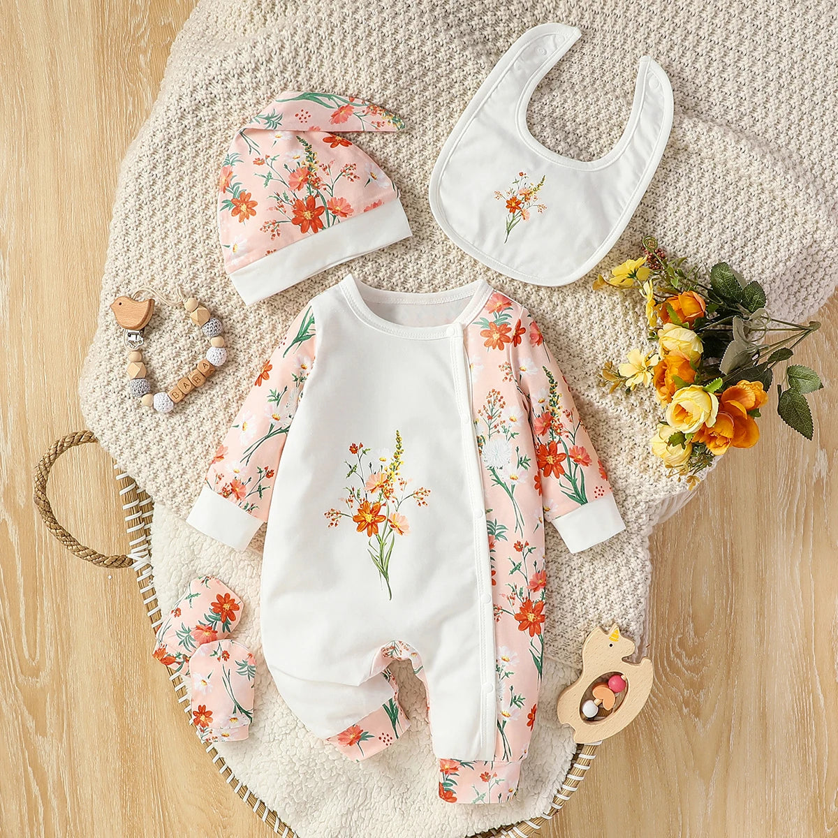 Ensemble bébé fille 4 pièces pastel à manches longues – Motif cerf – Toutes saisons