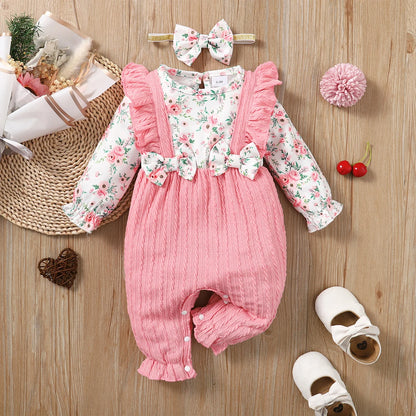 Ensemble Bébé Fille 2 Pièces – Barboteuse Fleurie Manches Longues + Bandeau Nœud (0–18 mois)