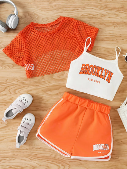 Ensemble 3 pièces d’été fille – Top mesh + Débardeur + Jupe/Short (7–13 ans)
