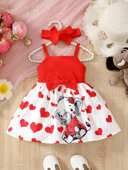 Robe d’été bébé fille à bretelles – Motif cœur et éléphant mignon