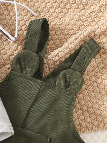 Ensemble Bébé Garçon 2 Pièces – Salopette Vert Olive + Haut Manches Longues Imprimé Petit Ours (3–24 mois)