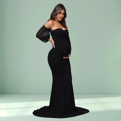 Robe Maternité Élégance Studio – Manches Bouffantes & Silhouette Sirène