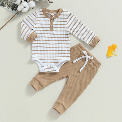 Ensemble bébé garçon automne 2 pièces – Barboteuse rayée & pantalon confortable (0 à 24 mois)