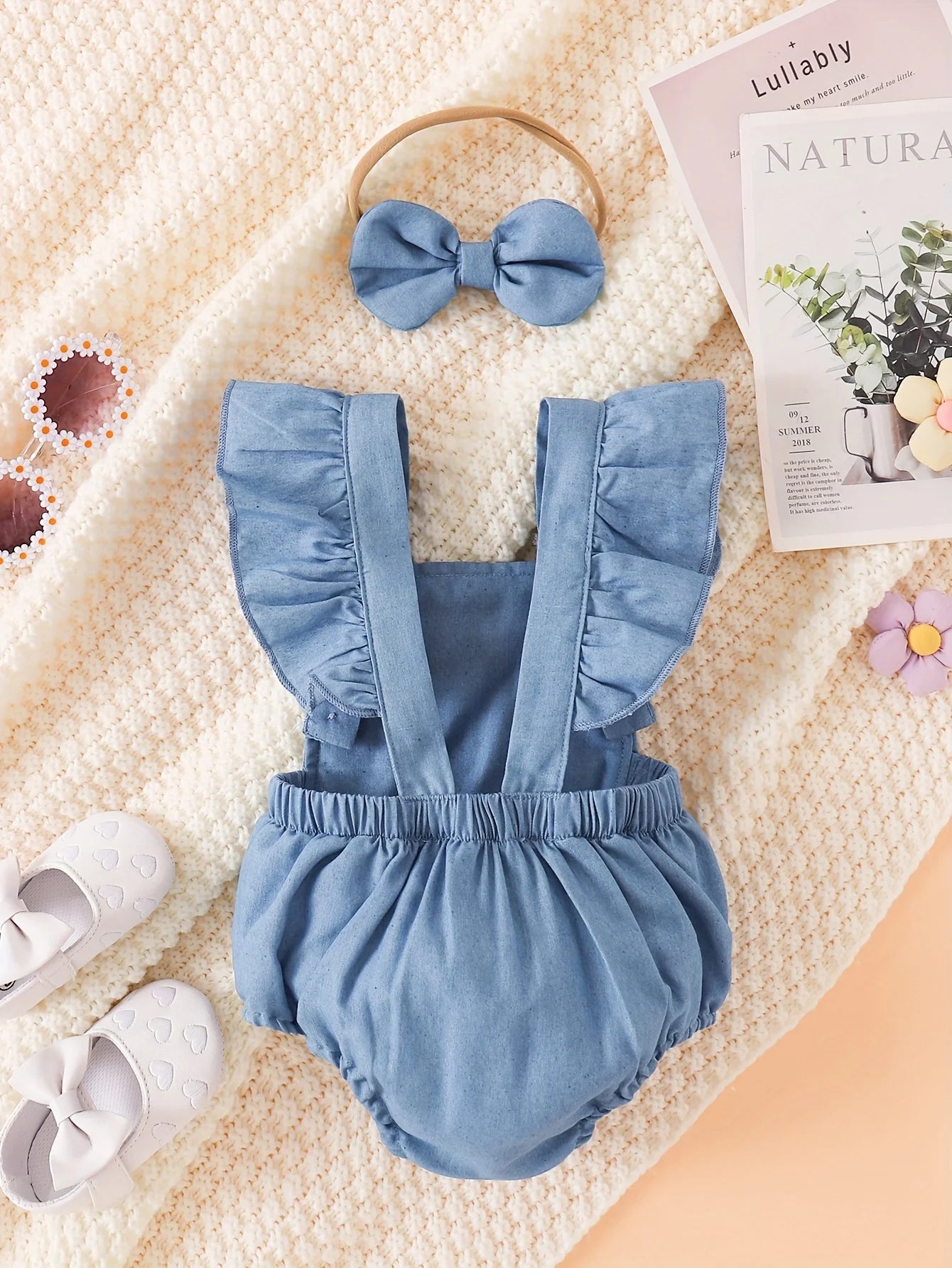 Barboteuse Denim Bébé Fille Fleurie 3D + Bandeau – Set 2 Pièces