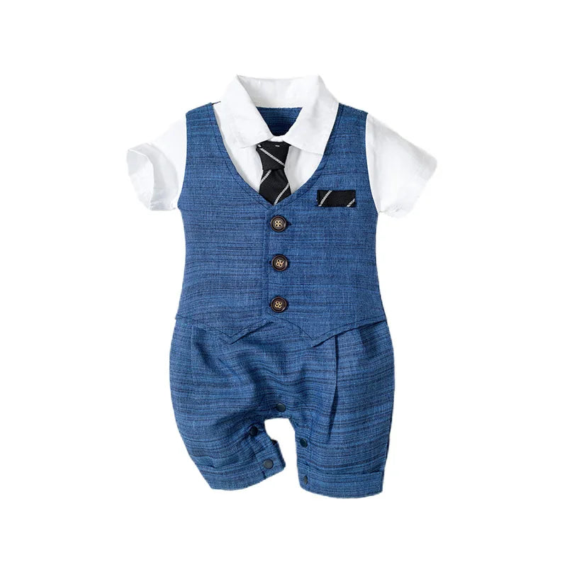 Ensemble Bébé Garçon “Petit Gentleman” – Barboteuse Habillée + Casquette | 0–12 Mois