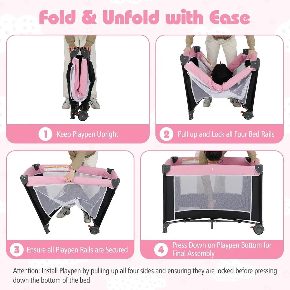 Parc pliant 4 en 1 avec couffin, changeur de couches et jouets pour bébés et tout-petits - Rose