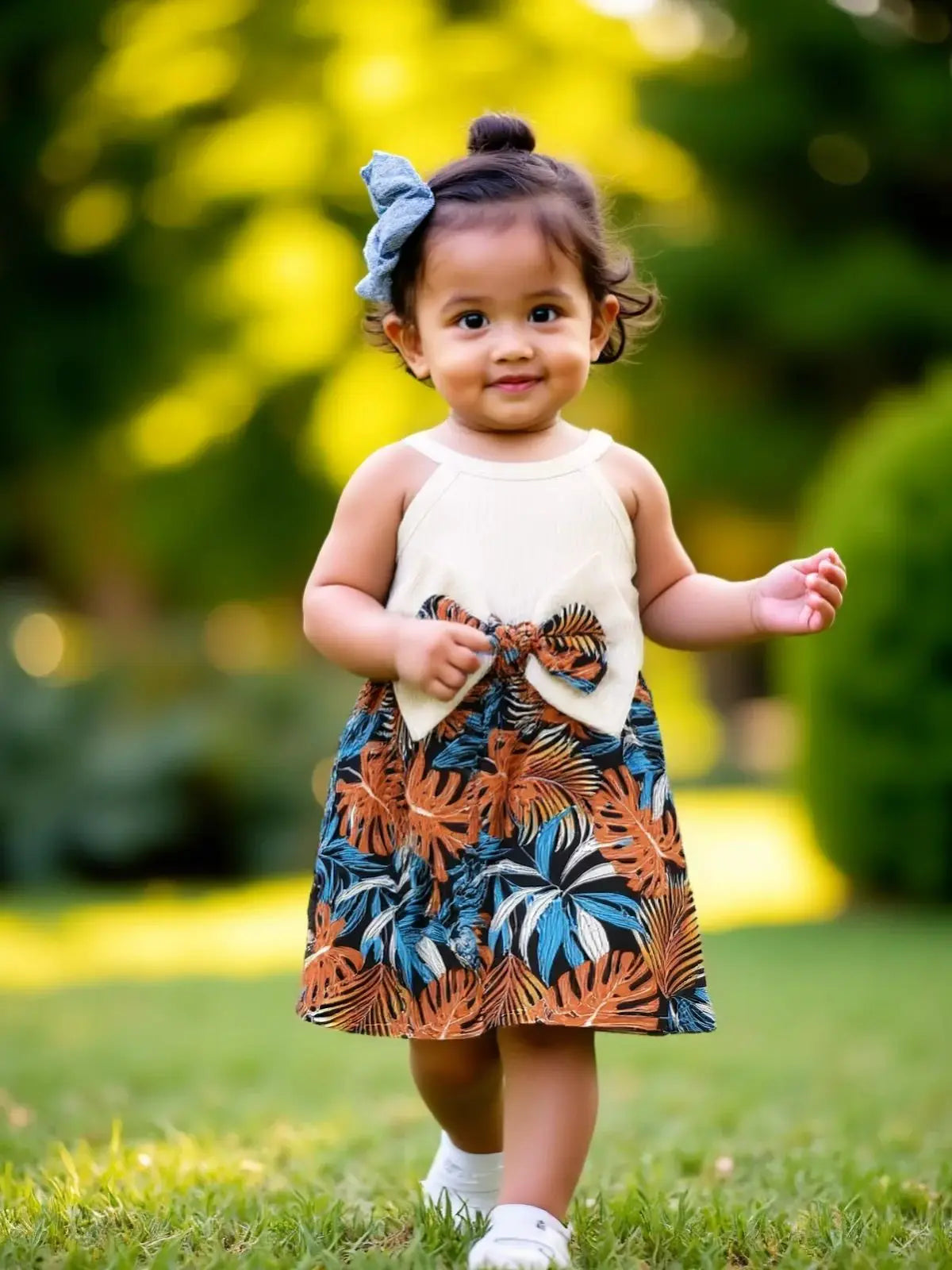 Robe d’été bébé fille + chapeau assorti – Motif feuilles tropicales