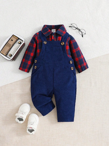 Ensemble Bébé Automne-Hiver en Velours Côtelé – Chemise à Manches Longues & Salopette