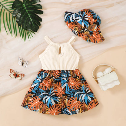 Robe d’été bébé fille + chapeau assorti – Motif feuilles tropicales