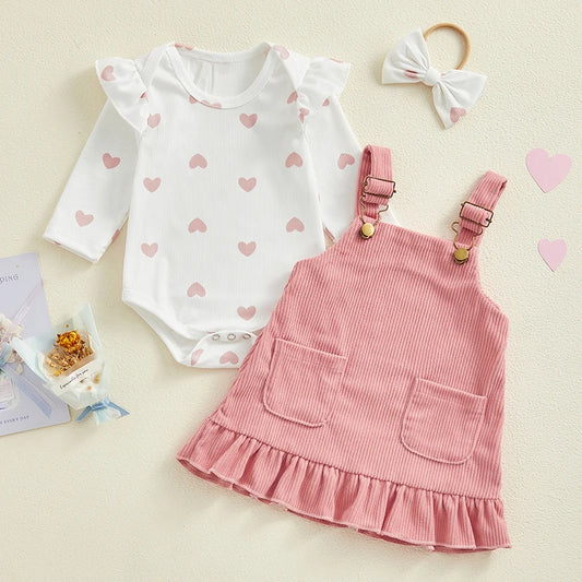 Ensemble bébé fille automne 3 pièces – Barboteuse, robe à bretelles & bandeau assorti (0 à 24 mois)