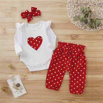 Ensemble Bébé Fille 3 Pièces – Romper Cœur, Pantalon & Bandeau en Coton Doux