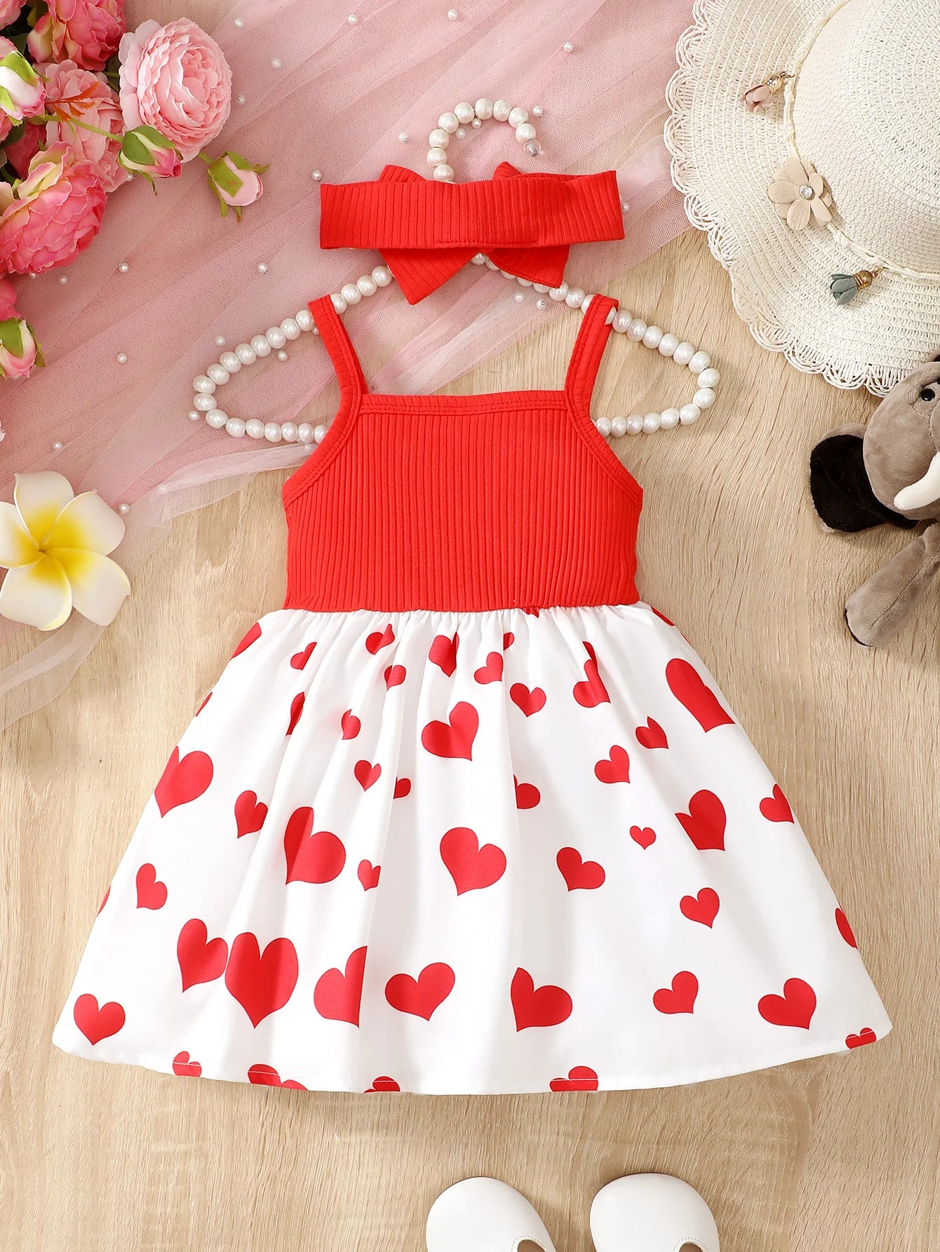 Robe d’été bébé fille à bretelles – Motif cœur et éléphant mignon