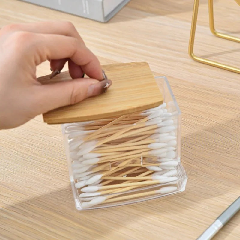 Boîte de rangement pour coton-tige, Double tête en bois pour bébé, couverture carrée transparente en bambou, organisateur de cure-dents pour coton-tige