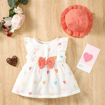 Robe d’été pour bébé fille – Ensemble 2 pièces coton doux avec motif cœurs et chapeau assorti