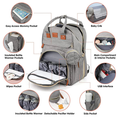 Sac à Langer 3 en 1 avec Lit Bébé Pliable – Sac à Dos Multifonction Grande Capacité