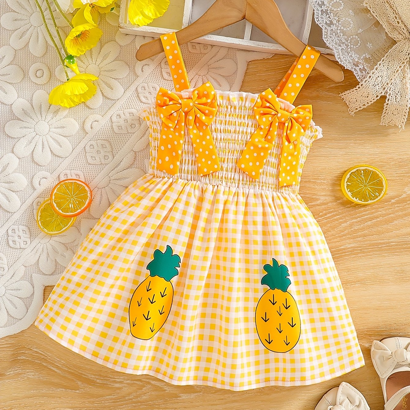 Robe d’été bébé fille à carreaux jaunes – Bretelles à nœuds & motif ananas – 6 mois à 3 ans