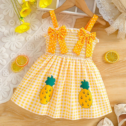 Robe d’été bébé fille à carreaux jaunes – Bretelles à nœuds & motif ananas – 6 mois à 3 ans