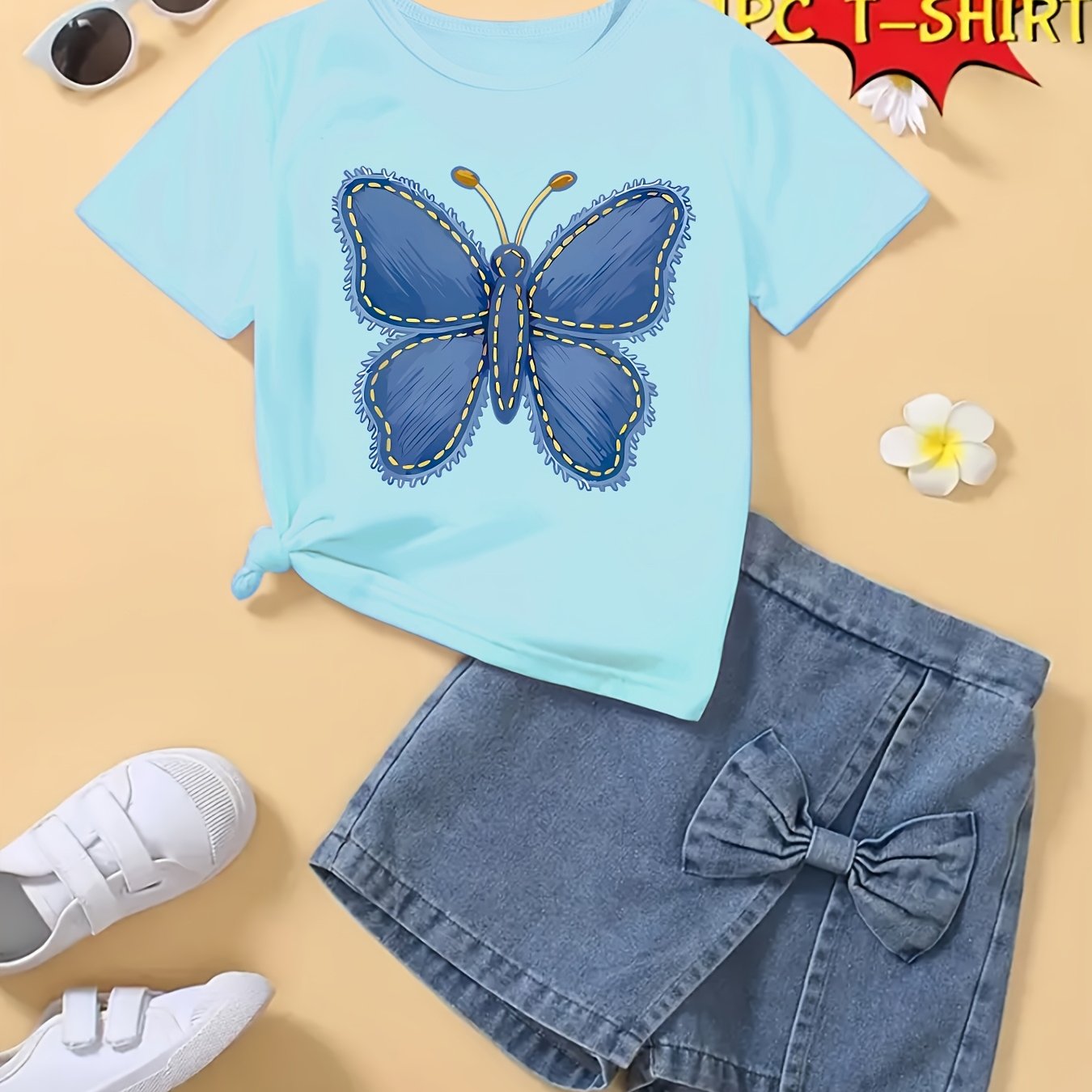 T-shirt fille à manches courtes imprimé papillon bleu – Haut seul, doux et confortable (été)