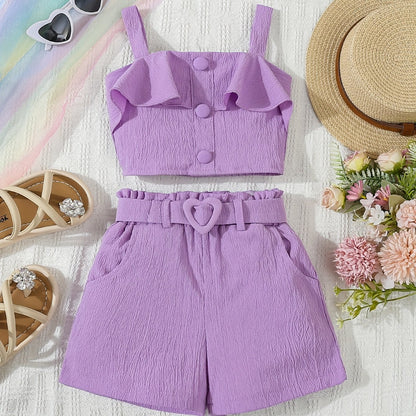 Ensemble 2 pièces fille Feuille de Lotus – Haut sans manches & Short assorti, tenue d’été élégante