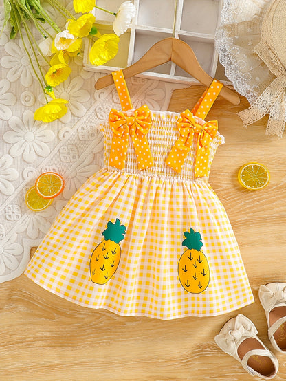 Robe d’été bébé fille à carreaux jaunes – Bretelles à nœuds & motif ananas – 6 mois à 3 ans