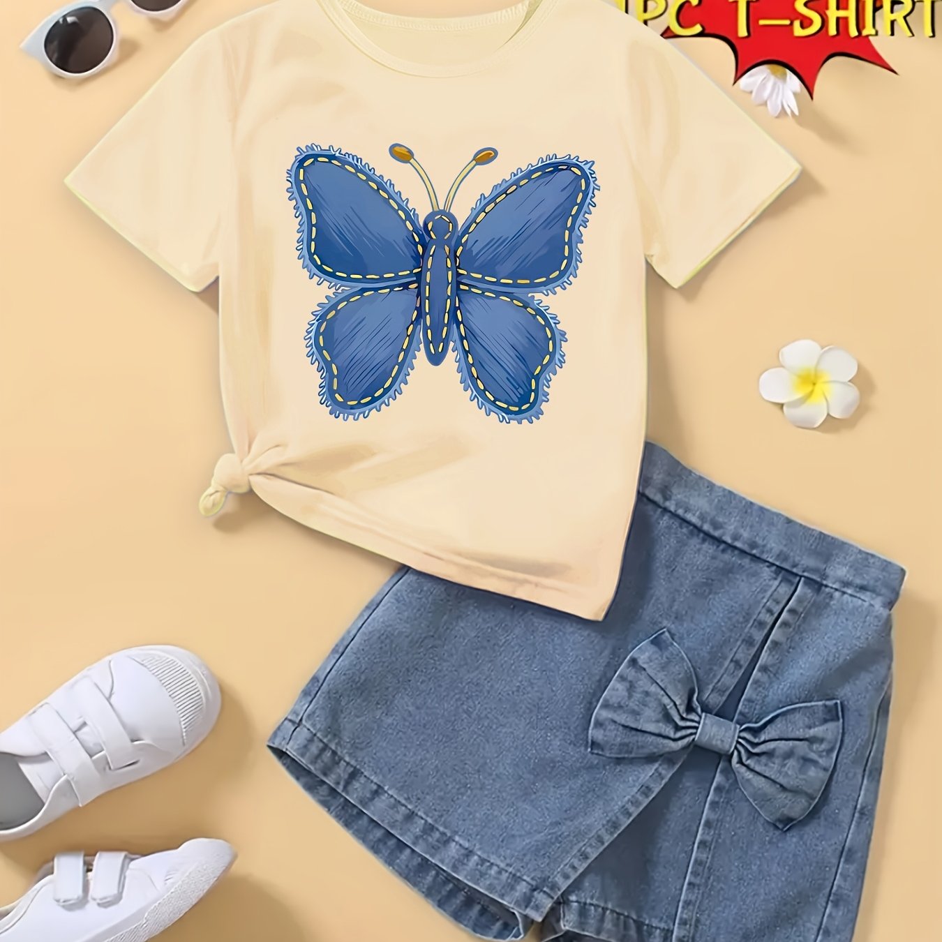 T-shirt fille à manches courtes imprimé papillon bleu – Haut seul, doux et confortable (été)
