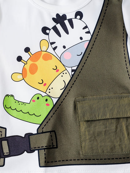 Ensemble été garçon 2 pièces – T-shirt à motif animal avec short patchwork et capuche