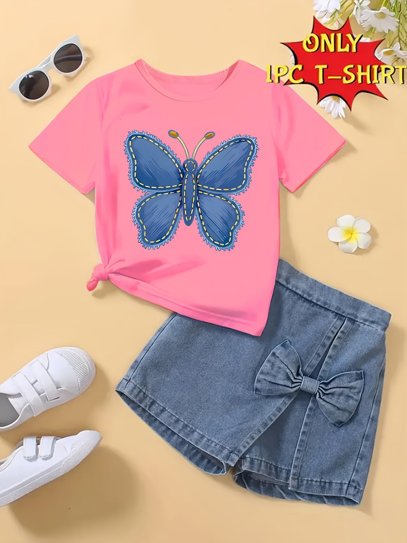 T-shirt fille à manches courtes imprimé papillon bleu – Haut seul, doux et confortable (été)