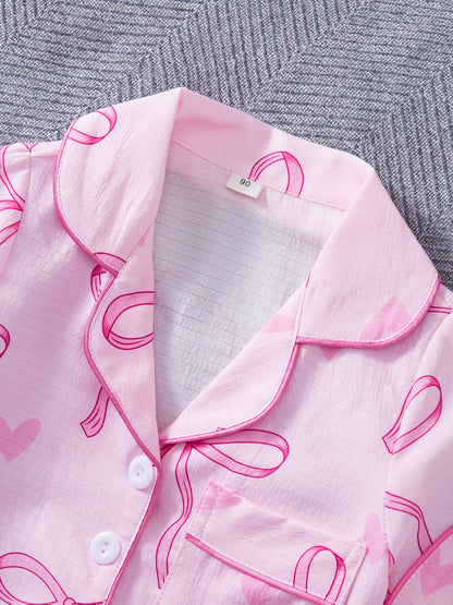 Pyjama Fille 2 Pièces Rose à Nœuds & Cœurs – Ensemble Été Confortable (2 à 8 ans)