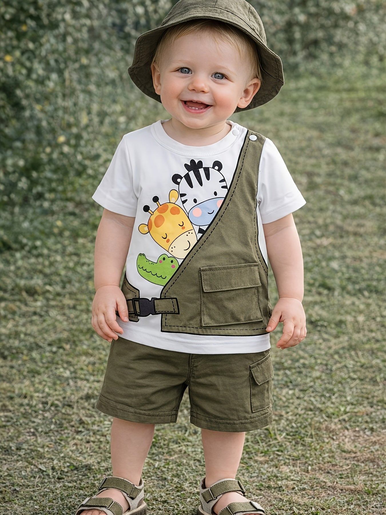 Ensemble été garçon 2 pièces – T-shirt à motif animal avec short patchwork et capuche