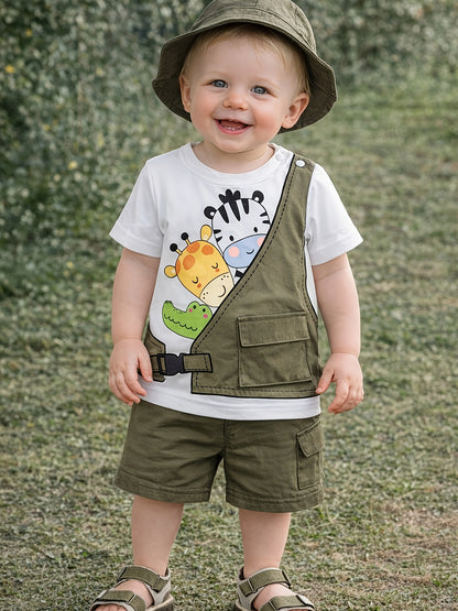 Ensemble été garçon 2 pièces – T-shirt à motif animal avec short patchwork et capuche