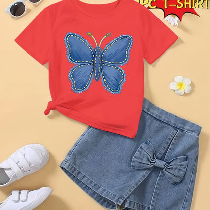 T-shirt fille à manches courtes imprimé papillon bleu – Haut seul, doux et confortable (été)