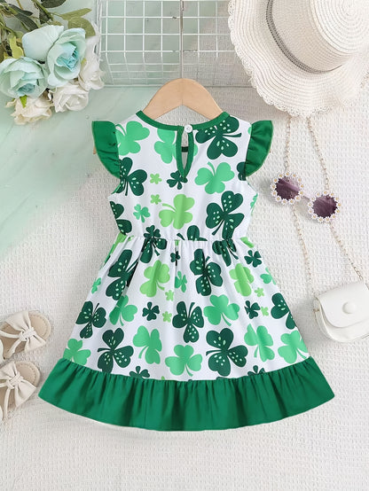 Robe bébé fille décontractée à manches volantes avec motifs trèfle vert – Printemps & Été