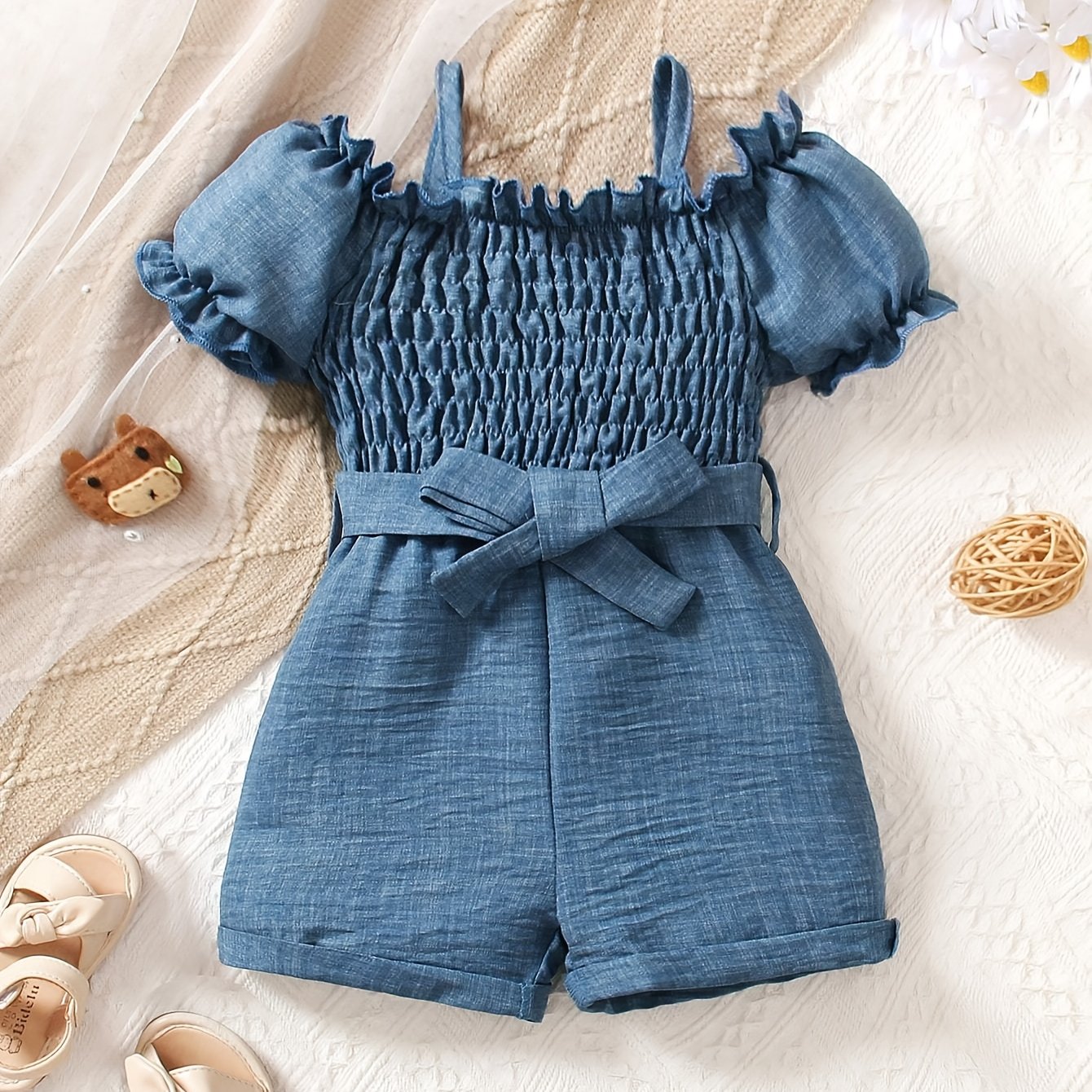 Combinaison bébé fille décontractée style faux jean avec volants aux épaules et ceinture