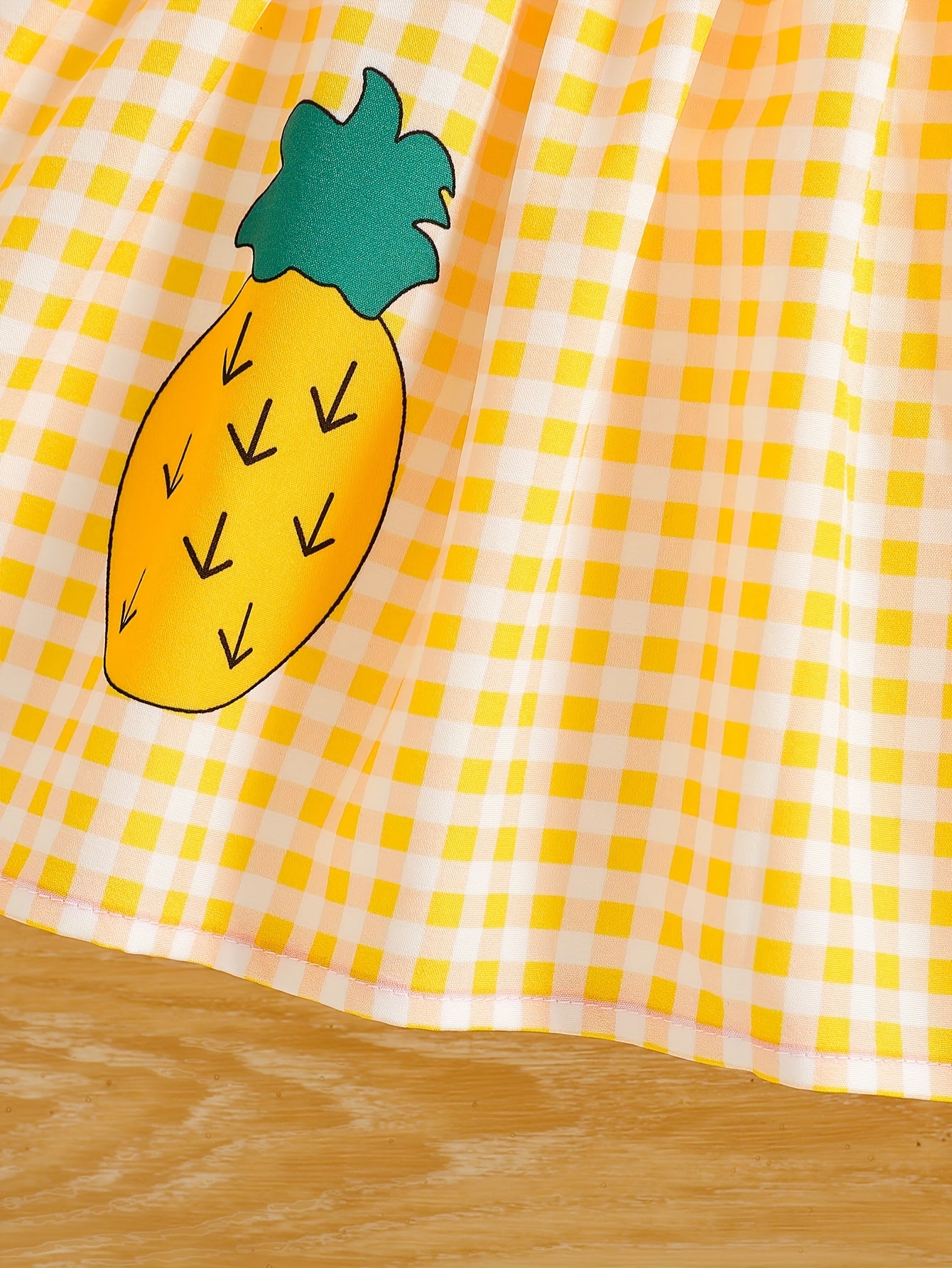 Robe d’été bébé fille à carreaux jaunes – Bretelles à nœuds & motif ananas – 6 mois à 3 ans