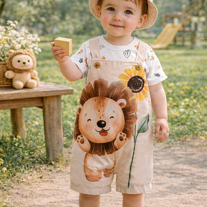 Ensemble bébé 3 pièces – Salopette short lion & tournesol avec t-shirt et chapeau | Été