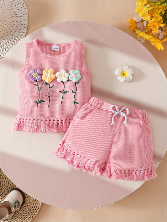 Ensemble d’été fille 2 pièces à fleurs 3D – Haut sans manches et short en tissu gaufré