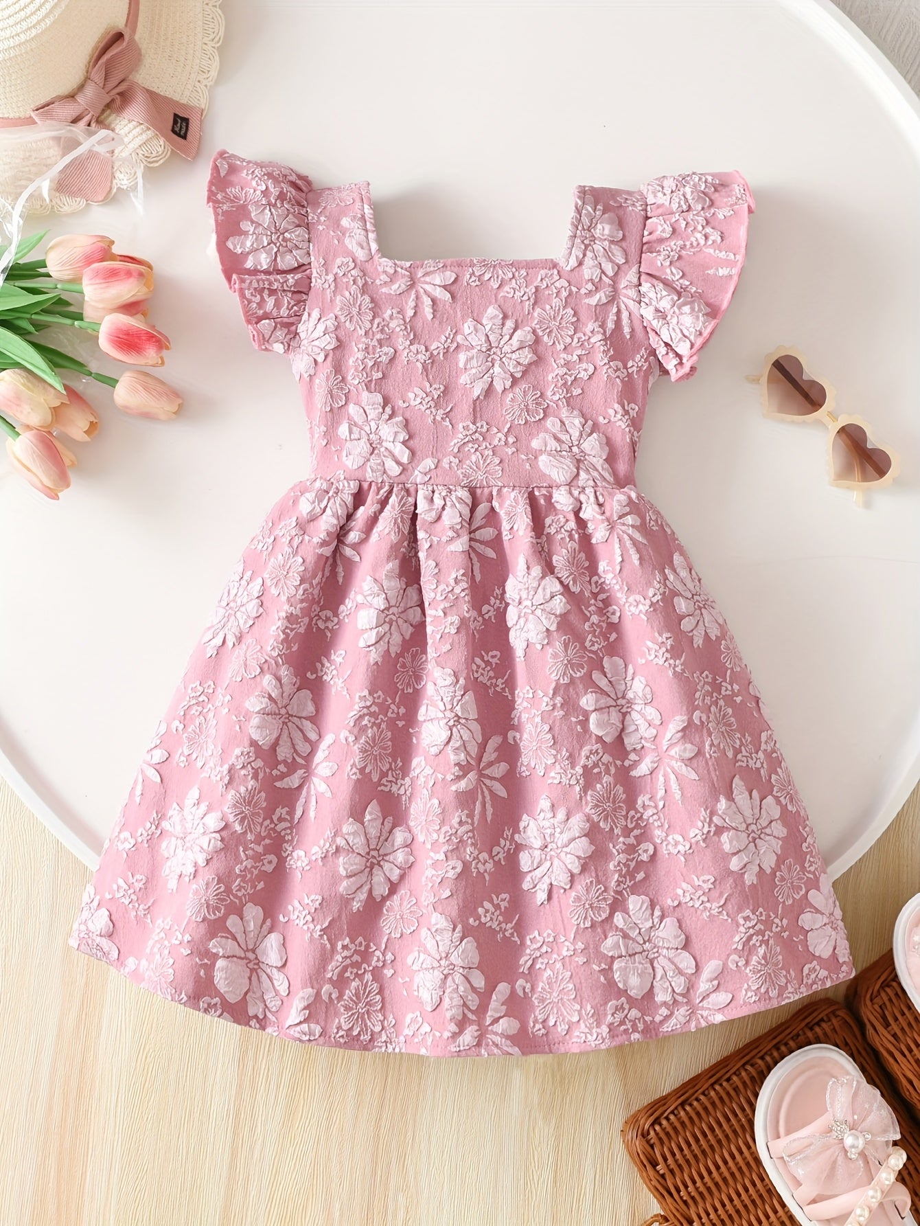 Robe d’Été Fille Sans Manches à Nœud – Coupe Évasée, Col Carré, Style Princesse