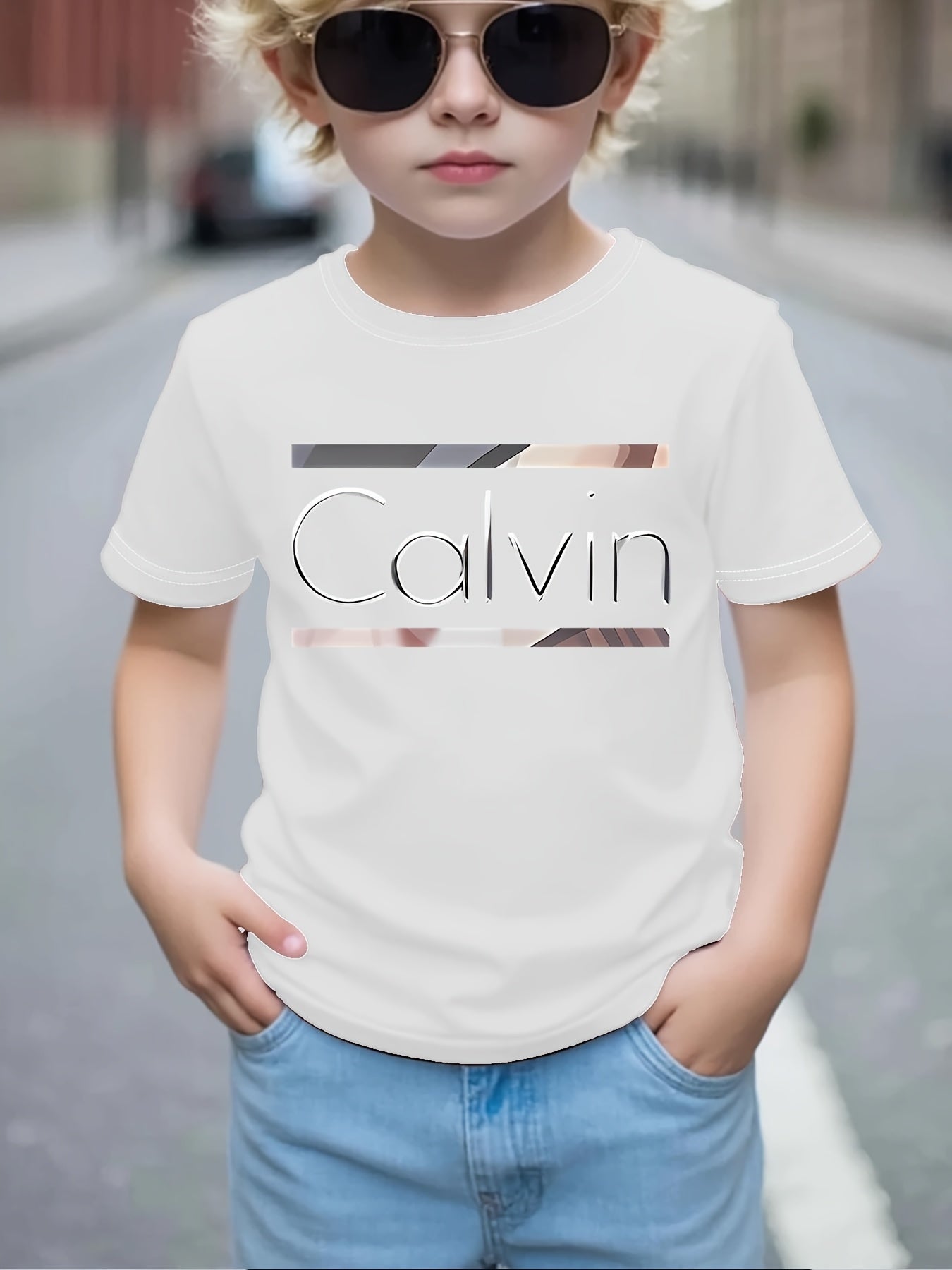 Boys' Calvin Letter '' T-Shirt - Short Sleeve Round Neck Casual Summer Tee with Calvin Name Print, Machine Washable Spring/Summer Outfits for, Casual Attire & Playdates ( & Boys)