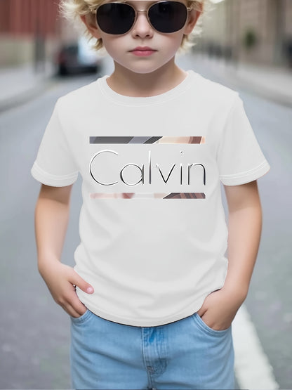 Boys' Calvin Letter '' T-Shirt - Short Sleeve Round Neck Casual Summer Tee with Calvin Name Print, Machine Washable Spring/Summer Outfits for, Casual Attire & Playdates ( & Boys)