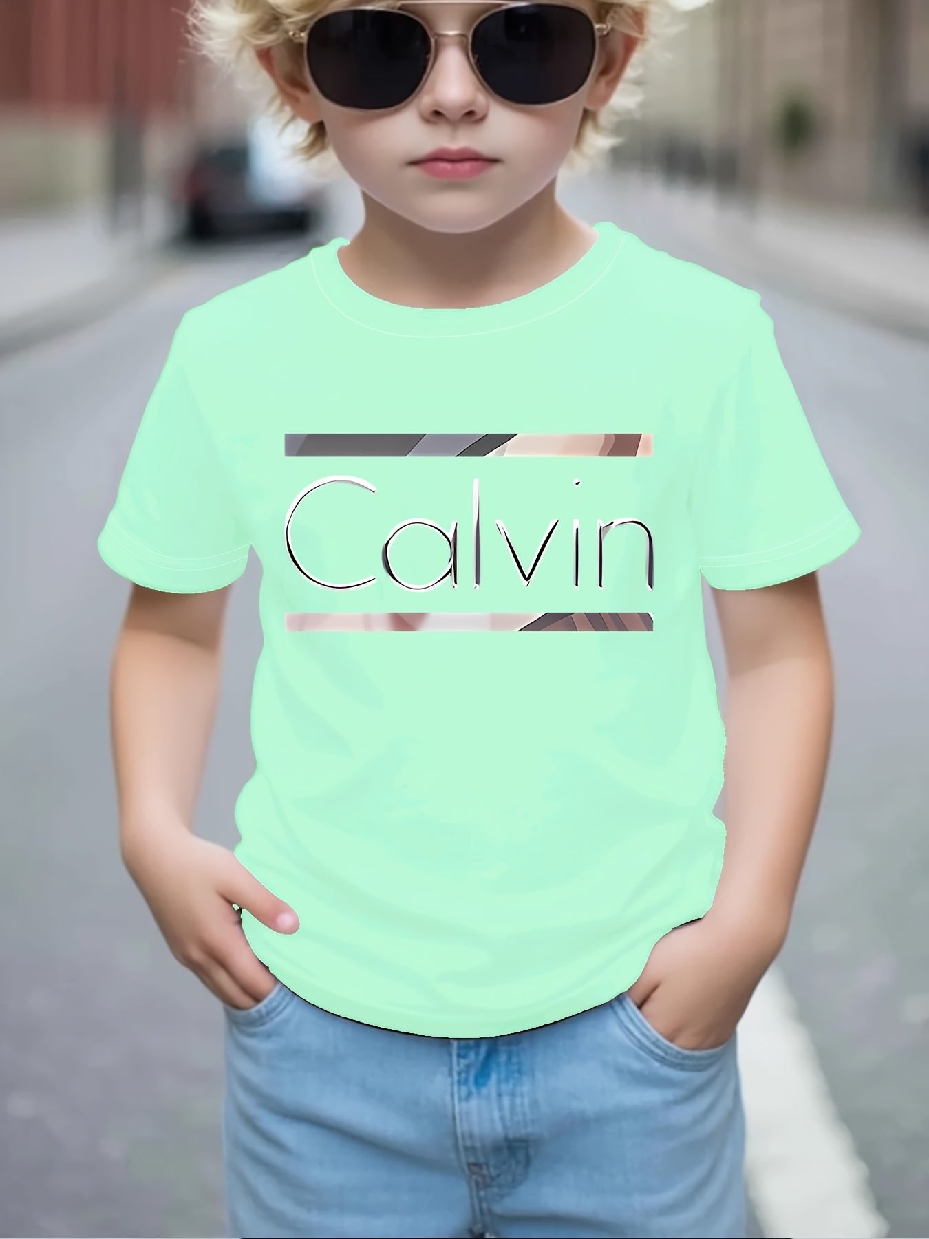 Boys' Calvin Letter '' T-Shirt - Short Sleeve Round Neck Casual Summer Tee with Calvin Name Print, Machine Washable Spring/Summer Outfits for, Casual Attire & Playdates ( & Boys)