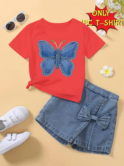 T-shirt fille à manches courtes imprimé papillon bleu – Haut seul, doux et confortable (été)